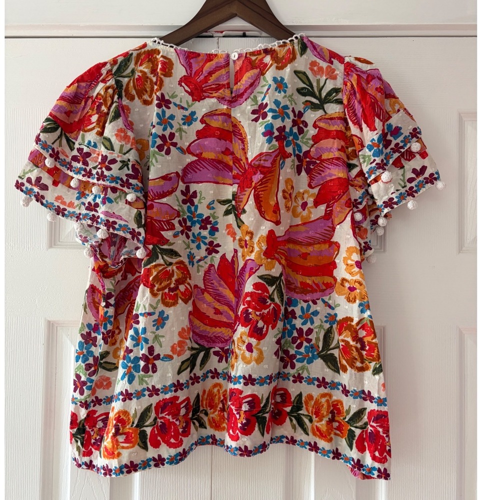 Farm Rio Floral Pom Pom Trim Swiss Dot Babydoll Blouse Multi Color Womens Large - Picture 2 of 7